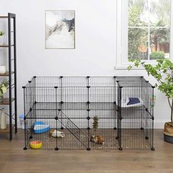 Pet Playpen,2 Levels, Modular Enclosure for Hamsters, Rabbits, Guinea Pigs, Mesh Panels, Indoor Use, Black