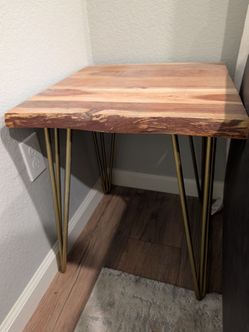 Wooden side table with metal hairpin legs