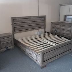 Four Piece Eastern King Bedroom Set King Bed Frame  Dresser Mirror And Nightstand