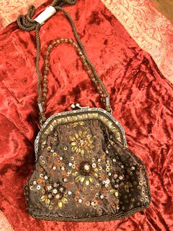 Beaded Purse Evening Bag Top Clasp Sequins Brown Retro Style