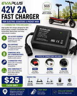 EVAPLUS 42V 2A Fast Charger for Electric Scooters & Pocket Mod – 3 Connector Types – $20