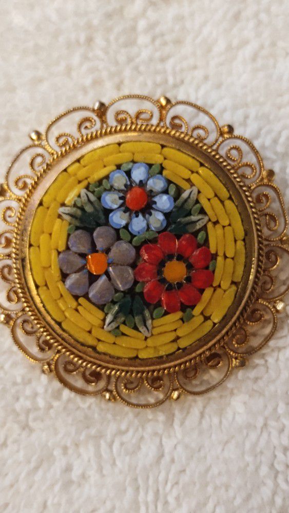 Vintage Floral Mosaic Brooch Italy