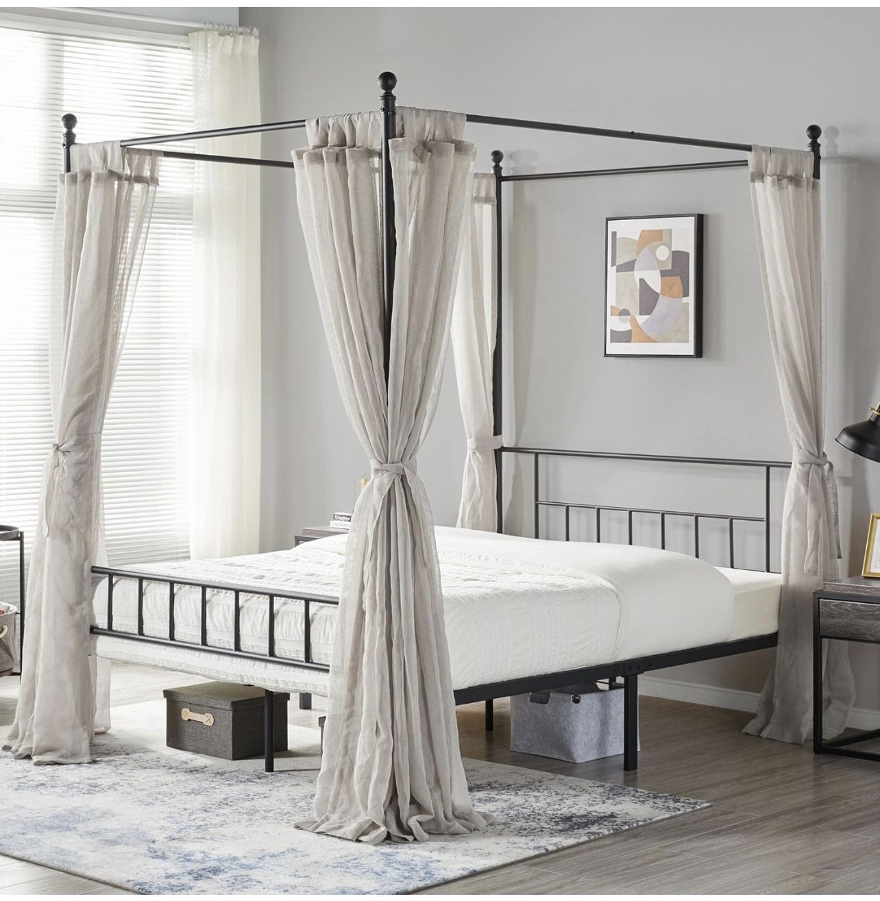 Four Poster Canopy Bed Frame  Queen  Black