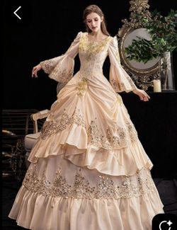 Victorian Dress Costume XL - 1900s Ivory & Gold Gown - Halloween