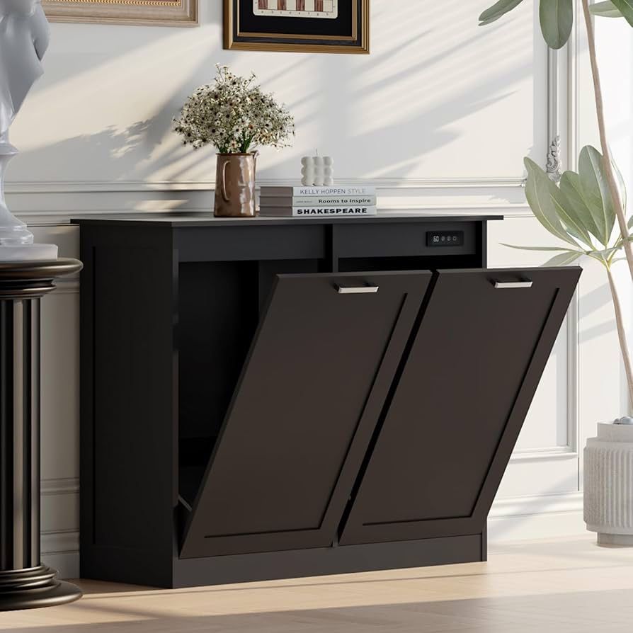 Double Tilt Out Trash Cabinet with Negative ion and Deodorizing Function, Hidden 10 Gallon Trash Can Cabinet for Kitchen Living Room,Black
