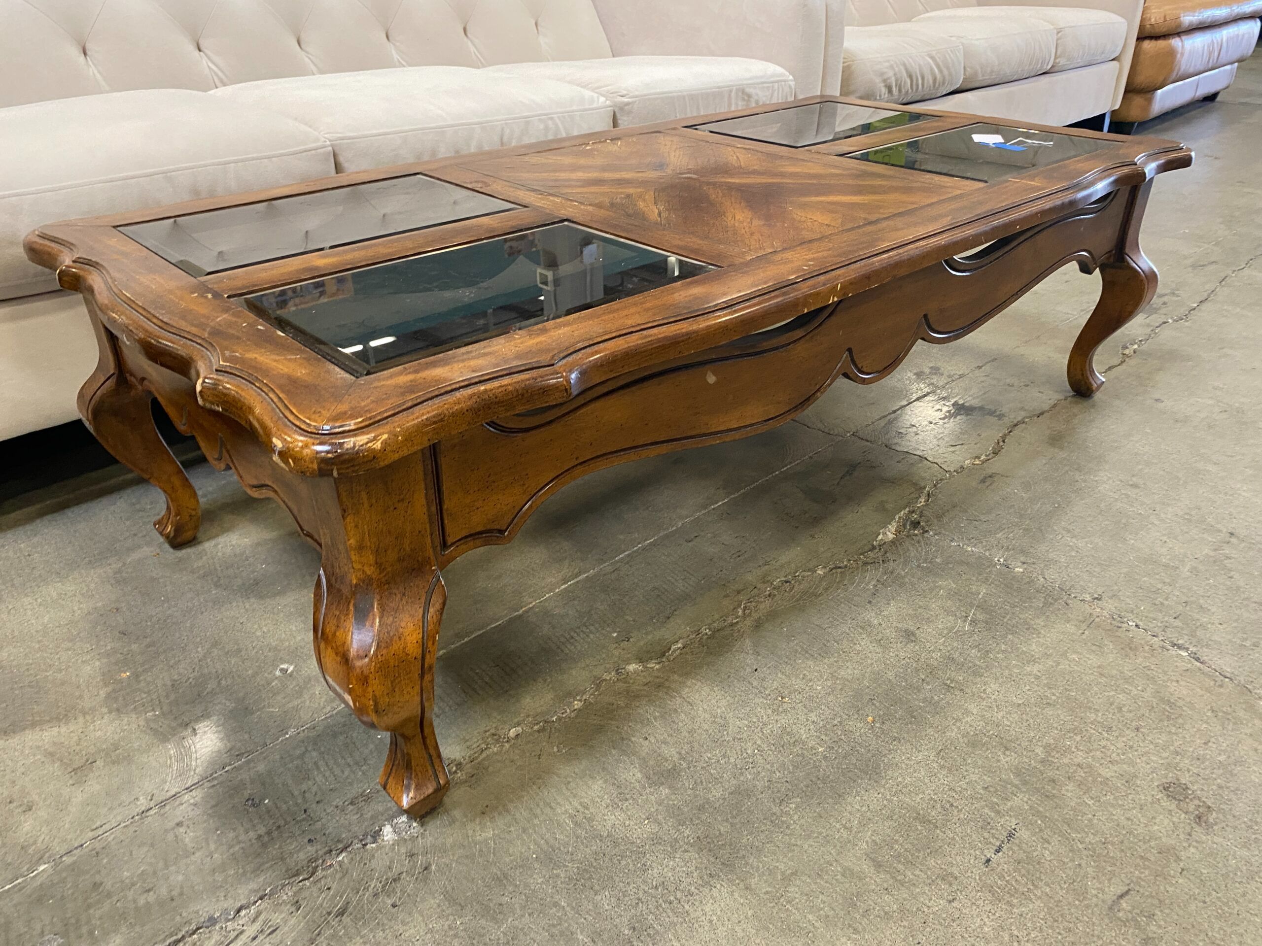 Vintage Carved Wood Coffee Table with Glass Panels
