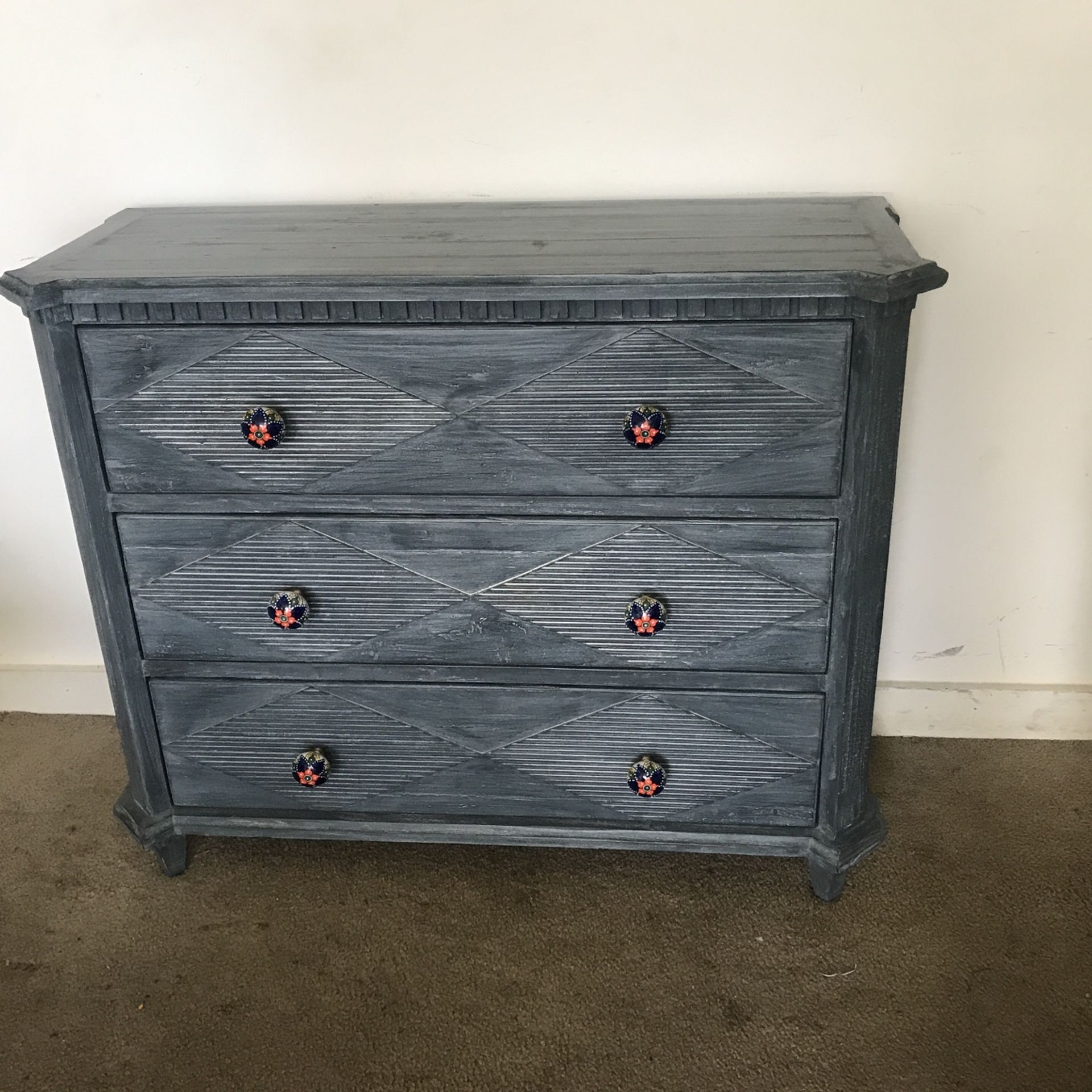 Teak-wood 3-draw Dresser Blue And Two Parisian Design Hand Made Chairs- Furniture