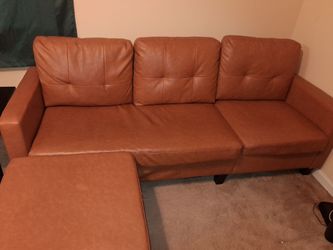 Caramel Faux Leather Sectional Sofa with Ottoman