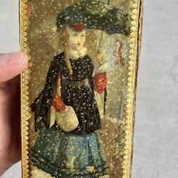 Antique Victorian Handkerchief Gift Box — Lithograph Lady in Snow — c.1880