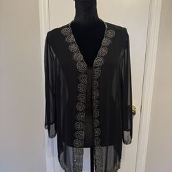 Vintage Beaded Black Mesh Monochrome Womens Open Cardigan