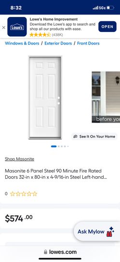 Masonite Fireproof 90 Steel 6 Panel 32x80 Door