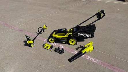 Ryobi 18V ONE+ Mower, Trimmer, and Blower Bundle with 2 Batteries and Charger