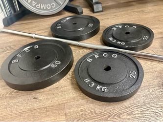 BRAND NEW:  7 ft Standard Bar With VINTAGE Cast Iron Weight Plates: 50s,25s, 10s,  And 5s. (Total: 205 lbs)