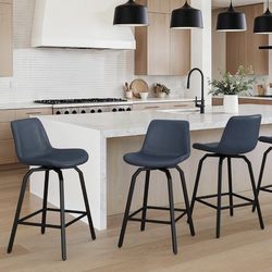 3X Navy blue 26” swivel faux leather barstools