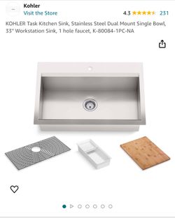 New- Unopened Box KOHLER Task Kitchen Sink, Stainless Steel Dual Mount Single Bowl, 33" Workstation Sink, 1 hole faucet, K-80084-1PC-NA