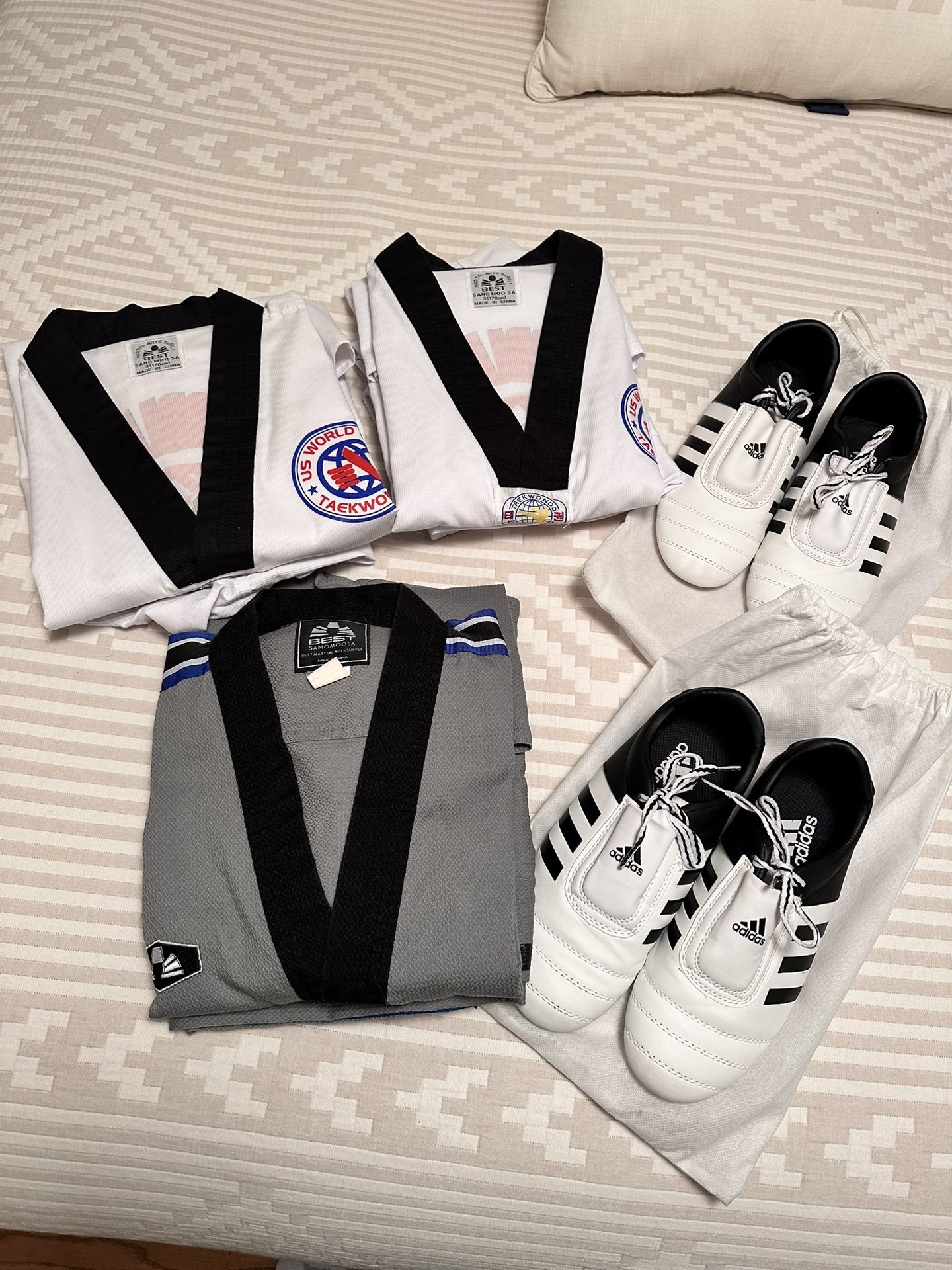 Taekwondo Size 3 U.S. World Class Uniforms And Adidas Mat Shoes Size 7.5 Women’s