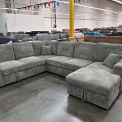 XL Sectional Sofa With Pull L- Out Bed And Storage Grey Corduroy ✅ $659 No Tax