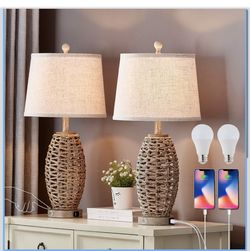 27” Natural Rattan Table Lamps Set of 2,Touch Switch,3-Way Dimmable Bedside Lamps, with A+C USB Charging Ports,Oatmeal Lampshade,Farmhouse Table Lamp