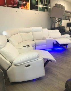 Luxury LED Recliner Sectional Sofa ✨ White Leather | Cup Holders & Power Recliners