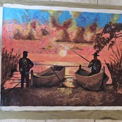 Oil Painting On Canvas "Two fishermen at sunset" by Andema Jean Hugues. 34x47