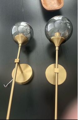 Brass Wall Sconces with Smoked Glass Globe, Set of 2