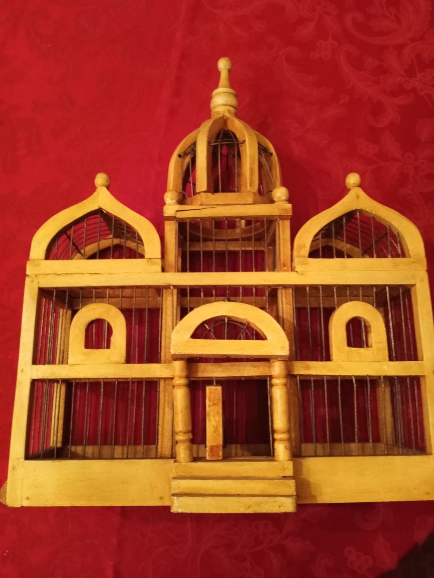 Vintage bird cage in natural wood and wire, cathedral dome, 19.75” X 15” X 5”