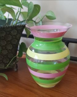 Teleflora Striped Glass Vase - Pink, Green & Yellow - Approx 7" Tall