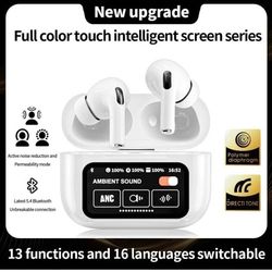 Noise Cancelling Bluetooth Earbuds with Big Touch Intellignet Screen Charging Case, White