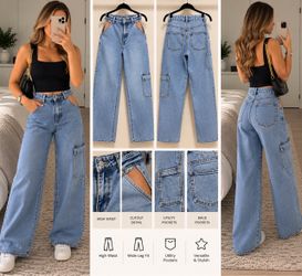 Wide Leg High Waist Cargo Denim Jeans