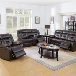 BROWN MANUAL RECLINE SOFA SET