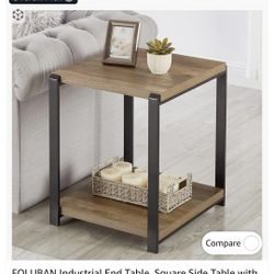 Industrial End Table, Square Side Table with Storage Shelf for Living Room, Wood and Metal Nightstand, Oak