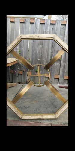 Vintage Brass and Wood Hexagonal Table - No Glass