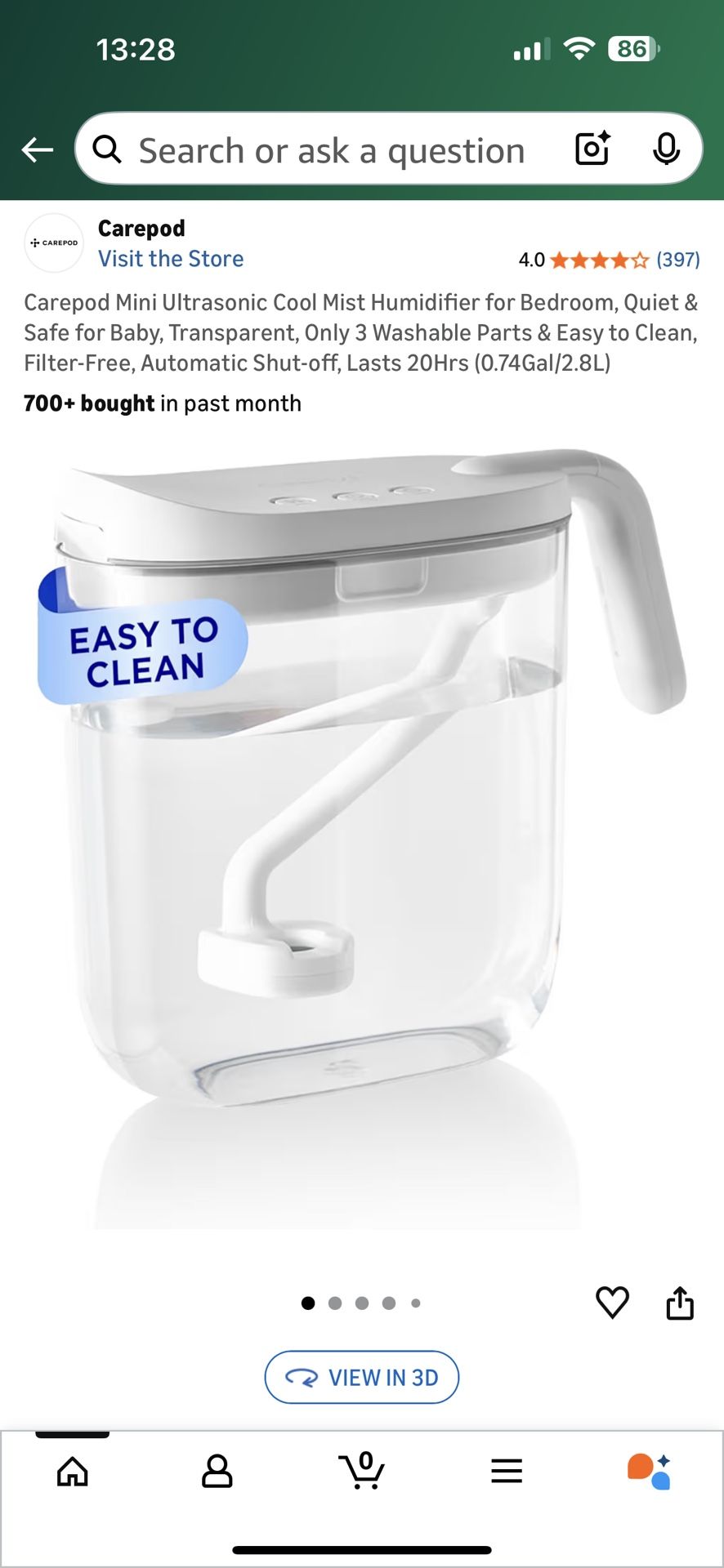 Carepod Mini Ultrasonic Cool Mist Humidifier for Bedroom, Quiet & Safe for Baby, Transparent, Only 3 Washable Parts & Easy to Clean, Filter-Free, Auto