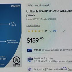 Utilitech 1/3 HP 40 Gallon Aluminum Submersible Sump Pump