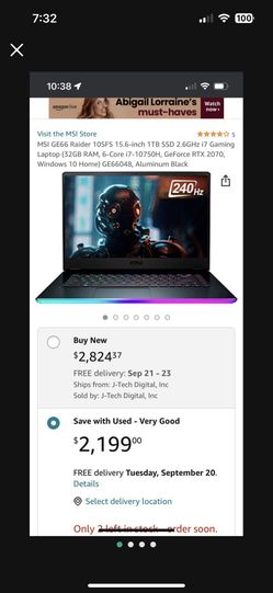 (Gaming Laptop )MSI GE66  Raider 10SFS 15.6-inch - Core i7-10750H - 32GB 1000GB NVIDIA GeForce RTX 2070 SUPER