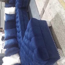 Can deliver fast! $39 down payment only Kim Blue Velvet Double Chaise Sectional & Couch Living Room set