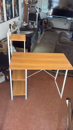 Wood and White Metal Computer Desk with Shelves