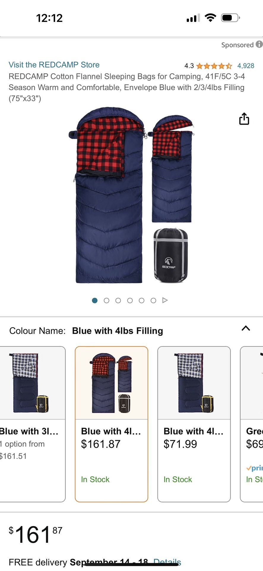 REDCAMP Cotton Flannel Sleeping Bags for Camping, 41F/5C 3-4 Season Warm and Comfortable, Envelope Blue with 4lbs Filling (75"x33")