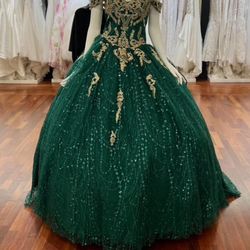 Off the Shoulder Hunter Green With Gold Sequin Ballgown