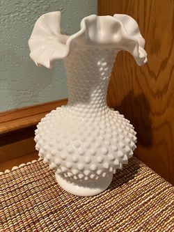 Fenton White Hobnail Milk Glass Ruffled Double Crimped Vase Vintage
