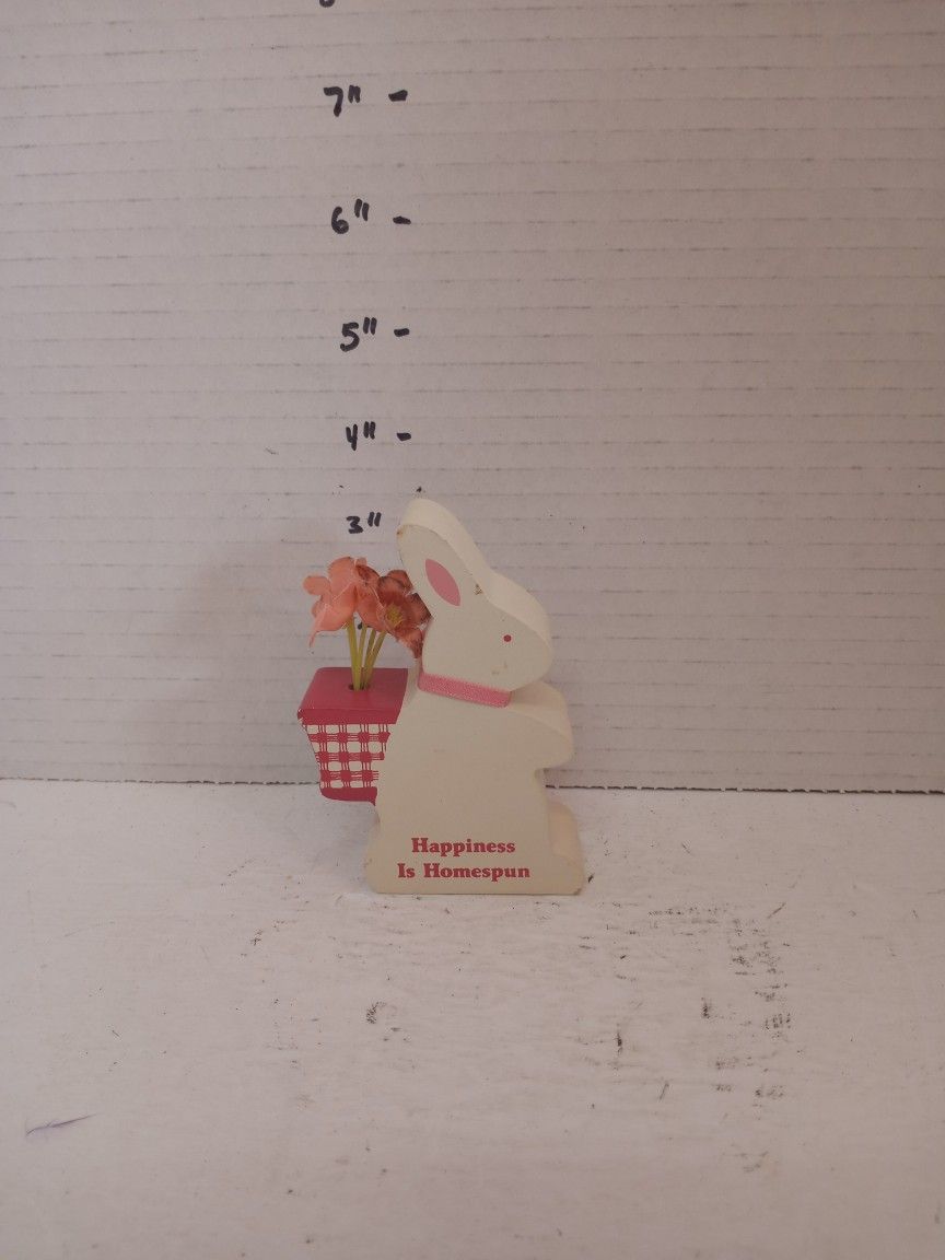 Vintage Russ Berrie Rabbit Bunny Wooden Statue "Happiness Is Homespun"