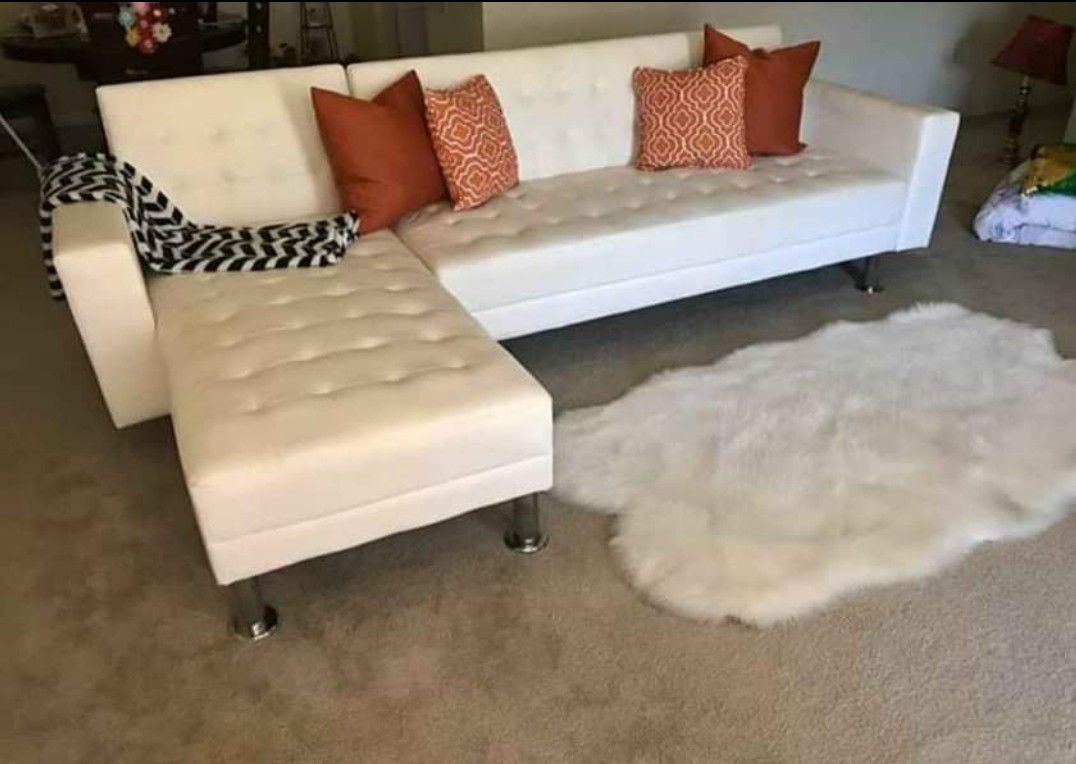 White Leather Sectional/ Sofa Bed 