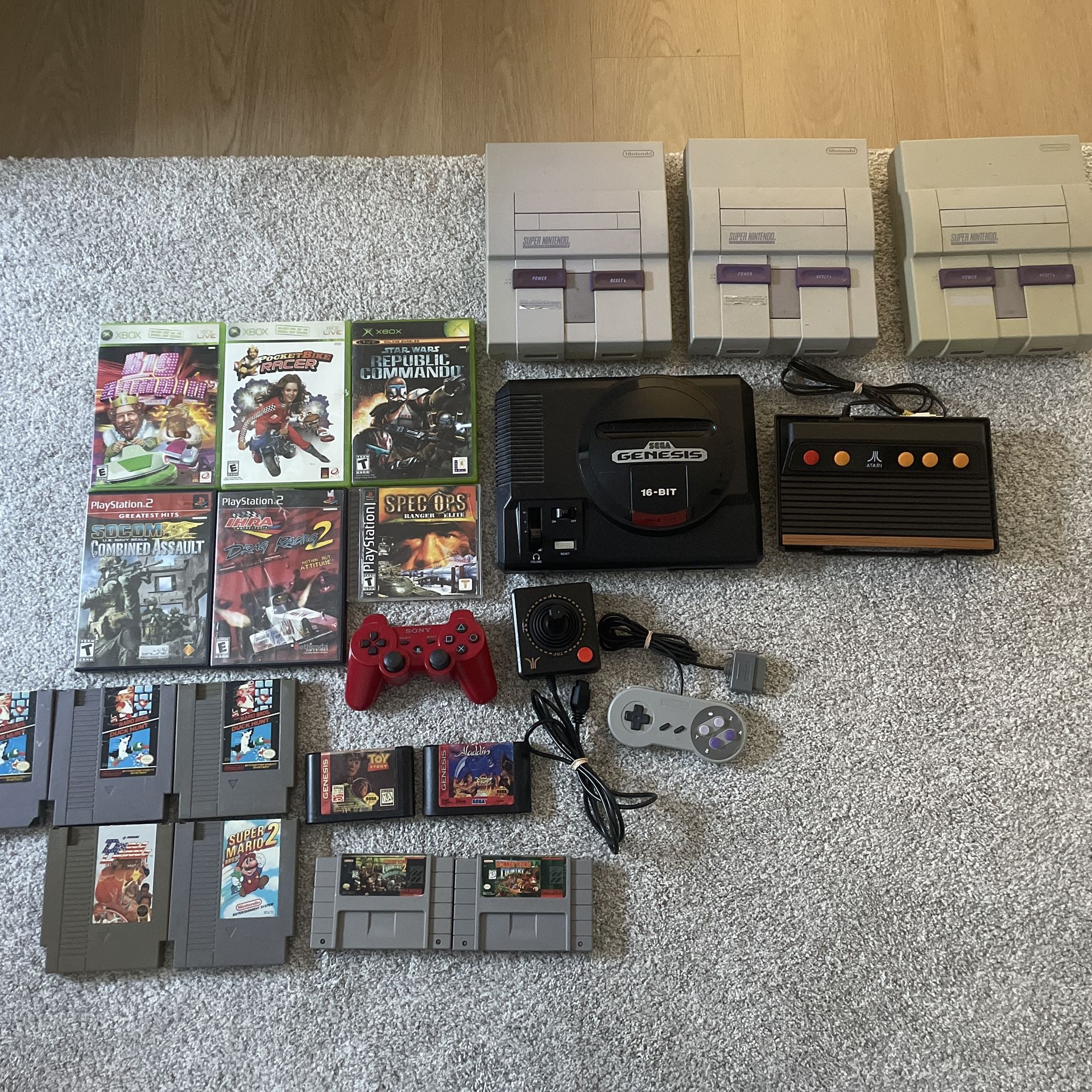 Huge Retro Gaming Lot – 3 Super Nintendos + Sega Genesis + Atari + NES/SNES Games + Xbox/PS2 Titles