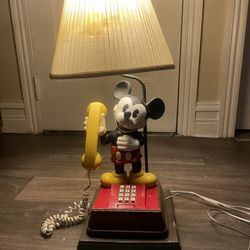 Vintage 1976 Mickey Mouse Lamp And Red Push-Button Telephone With Yellow Handset