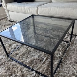 Glass Coffee Table - Black Metal Frame, Minimalist Design