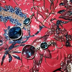 925 Silver Dark Blue Topaz Earrings Set