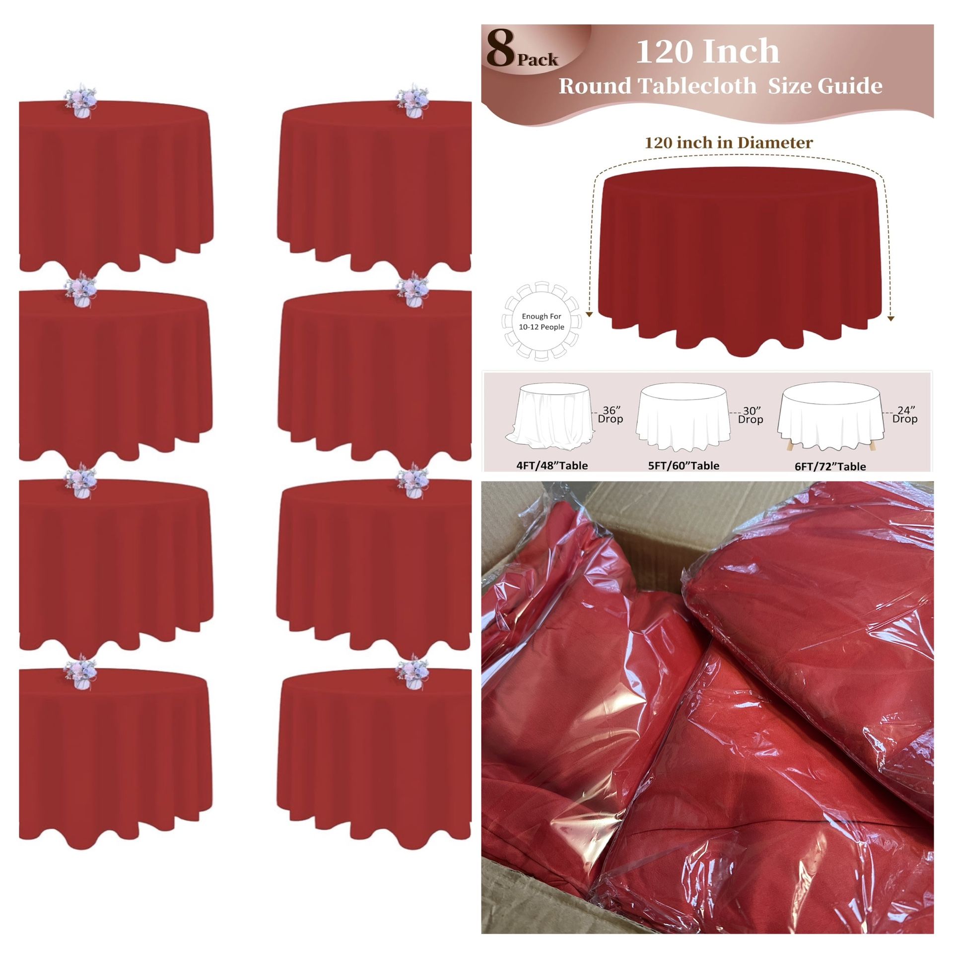 8 Pack Red Round Tablecloth 120 Inch Round Table Cloth, Wrinkle Resistant and Washable Tablecloth Polyester Fabric Table Cloth Round Table Cover for D