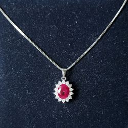Ruby & White Sapphire Halo Necklace