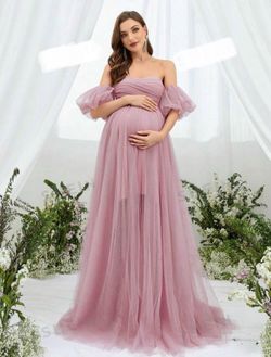 Maternity Dress With Off-Shoulder Puff Sleeve And Mesh Fabric