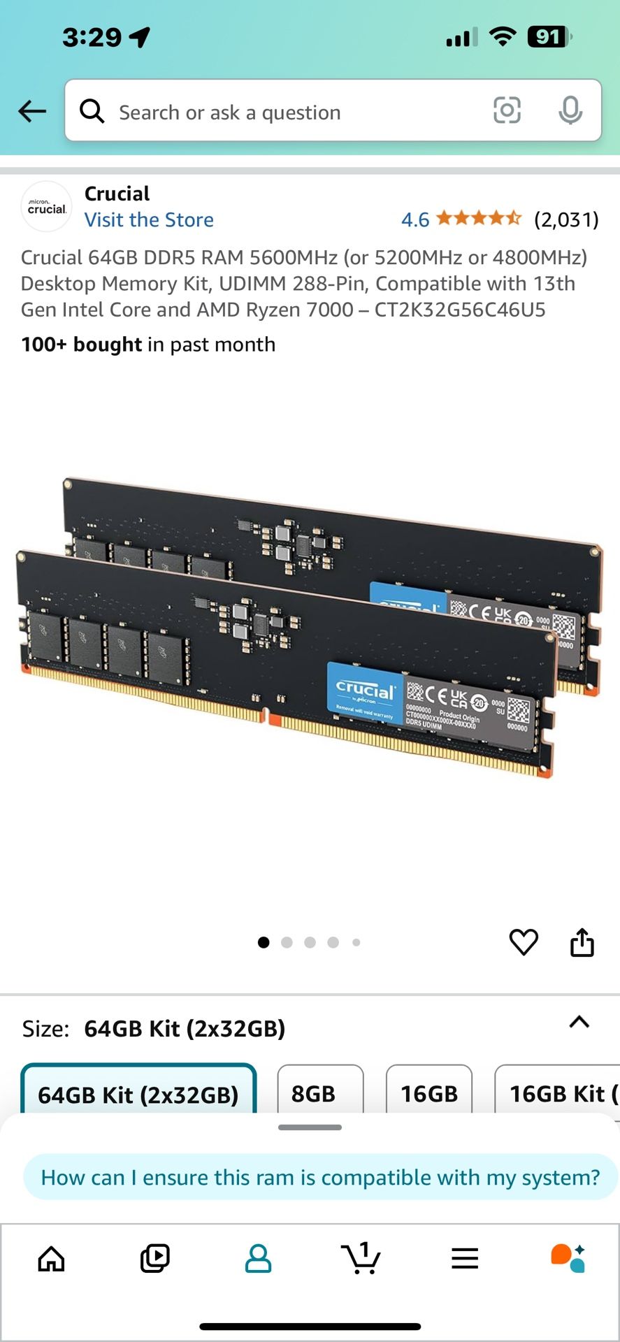 Crucial 32gb X 2(64gb) 5600 DDR5 UDIMM RAM